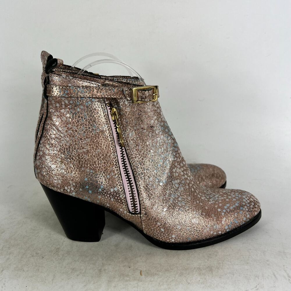 Modern Vice Ankle Boots Women's 7 Metallic Pink Snake Skin Leather Heel Bootie - Picture 2 of 9